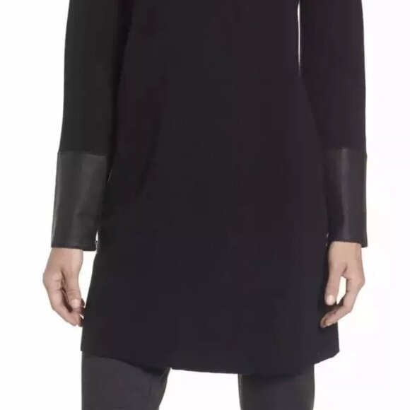 Eileen Fisher NEW Cardigan Sweater 100% Wool Leather Cuffs XL NWT Black Coat - Picture 4 of 13